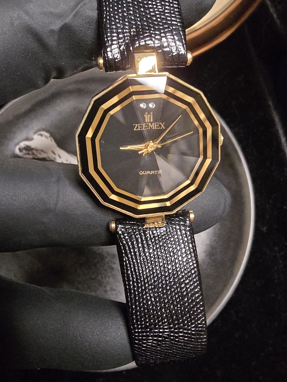 ZEEMEX Black and Gold Octagonal Quartz Watch